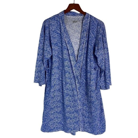 Carole Hochman Floral Robe Cotton Medium M Blue White Wrap NO Belt Long Sleeve - Picture 1 of 11